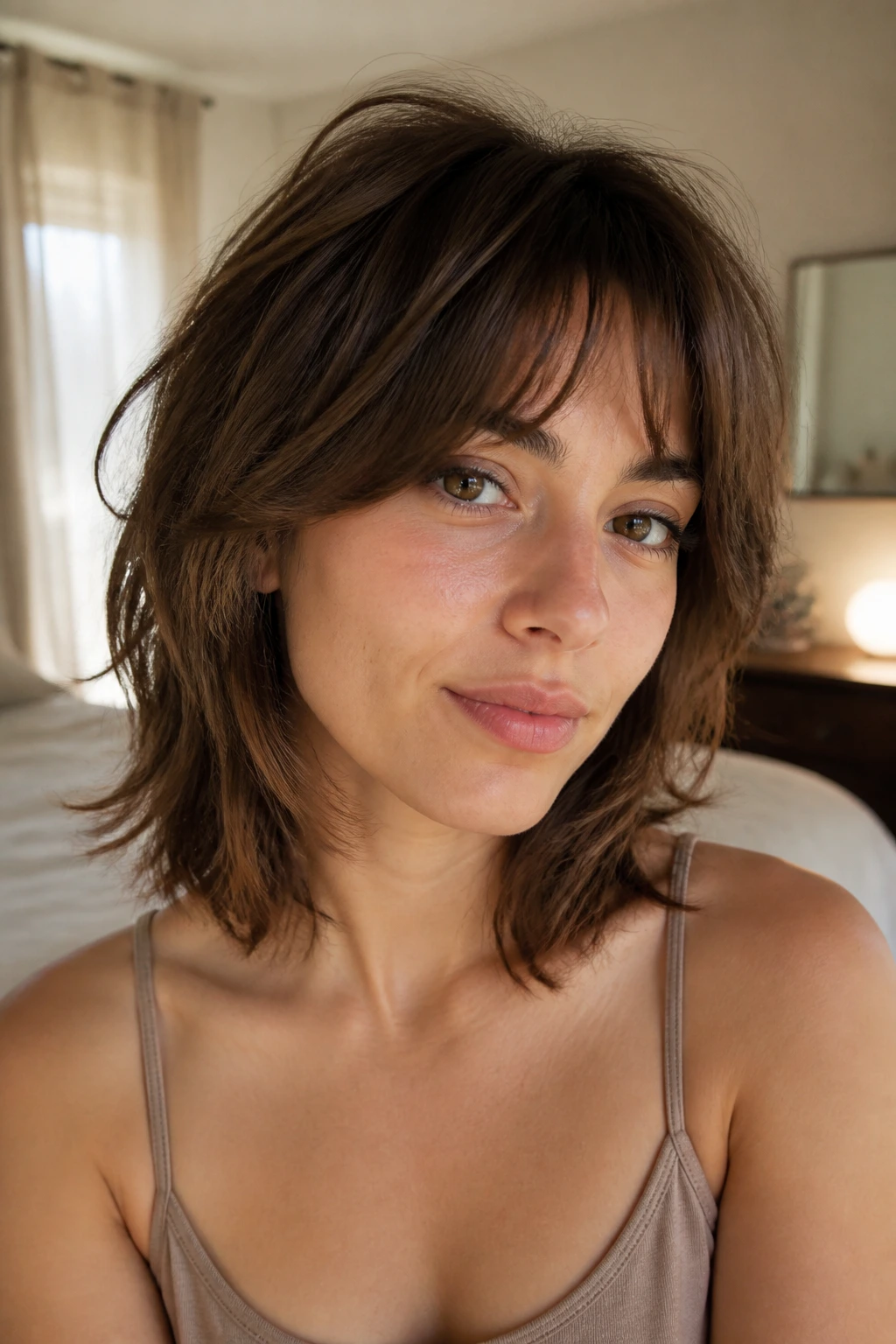 Close-up portrait of a real woman showing an air-dry shag with hidden internal layers in soft natural light