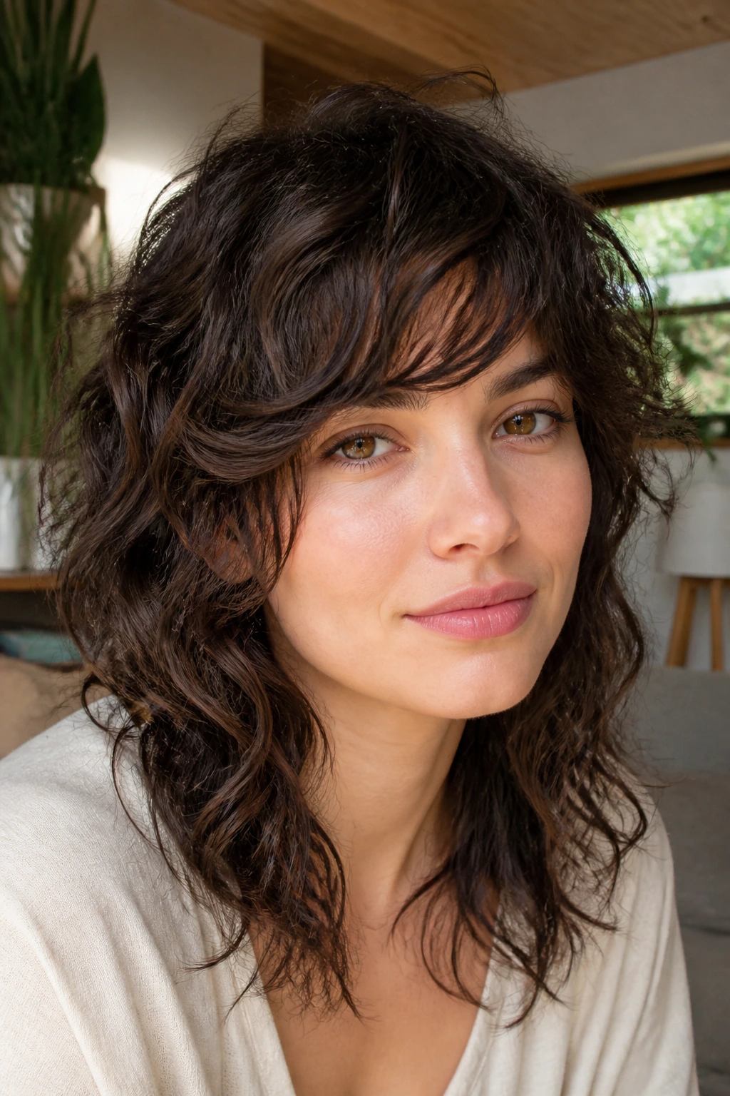 Close-up portrait of a real woman with air-dry shag and low-maintenance bangs
