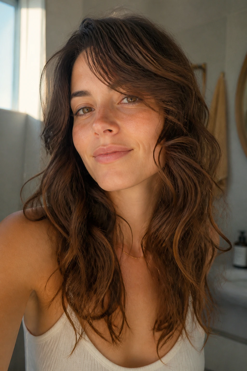Real woman with air-dry friendly shag showing long side bangs.