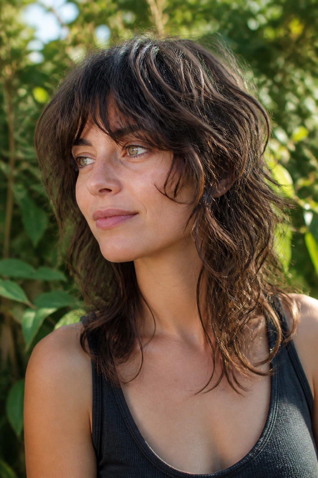 Portrait of a person with natural-wave air-dry shag in a sunlit outdoor setting.