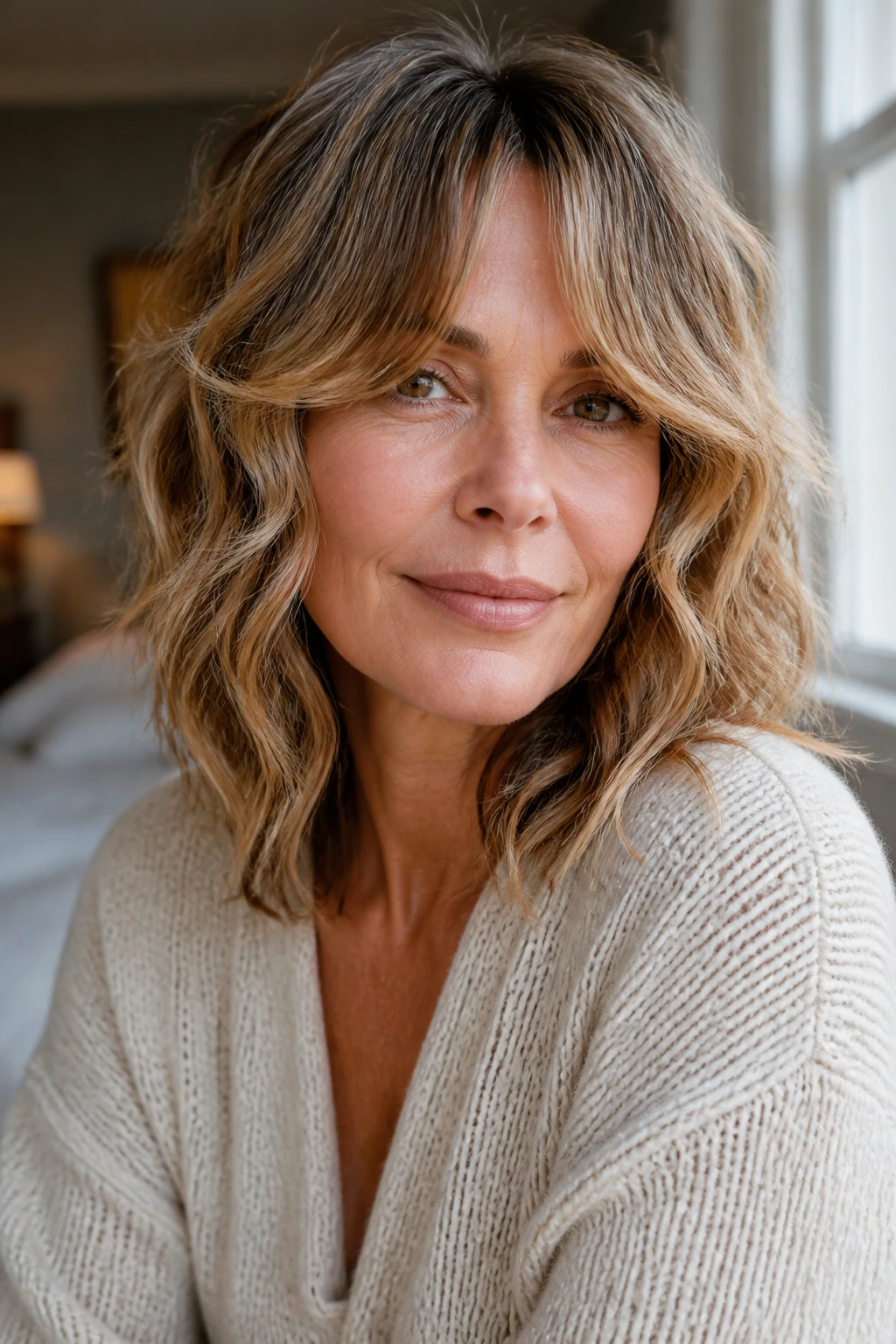 Close-up portrait of a woman with natural waves and air-dry shag under soft window light