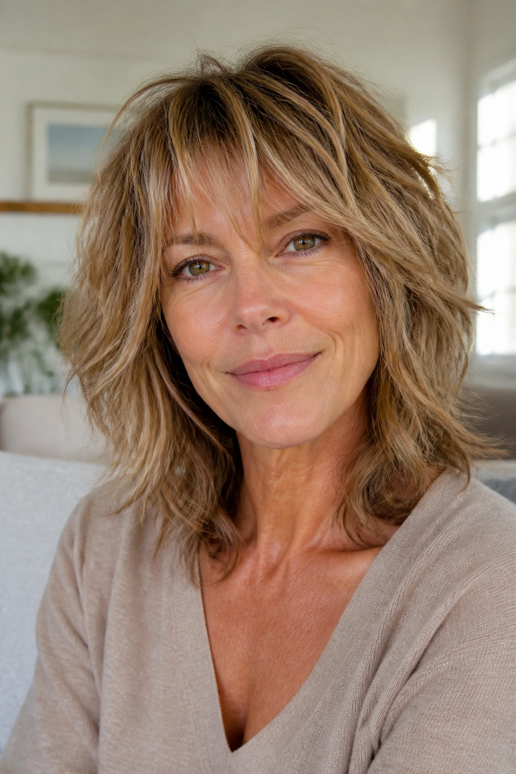 Close-up of a real woman with an air-dry shag in a sunlit room