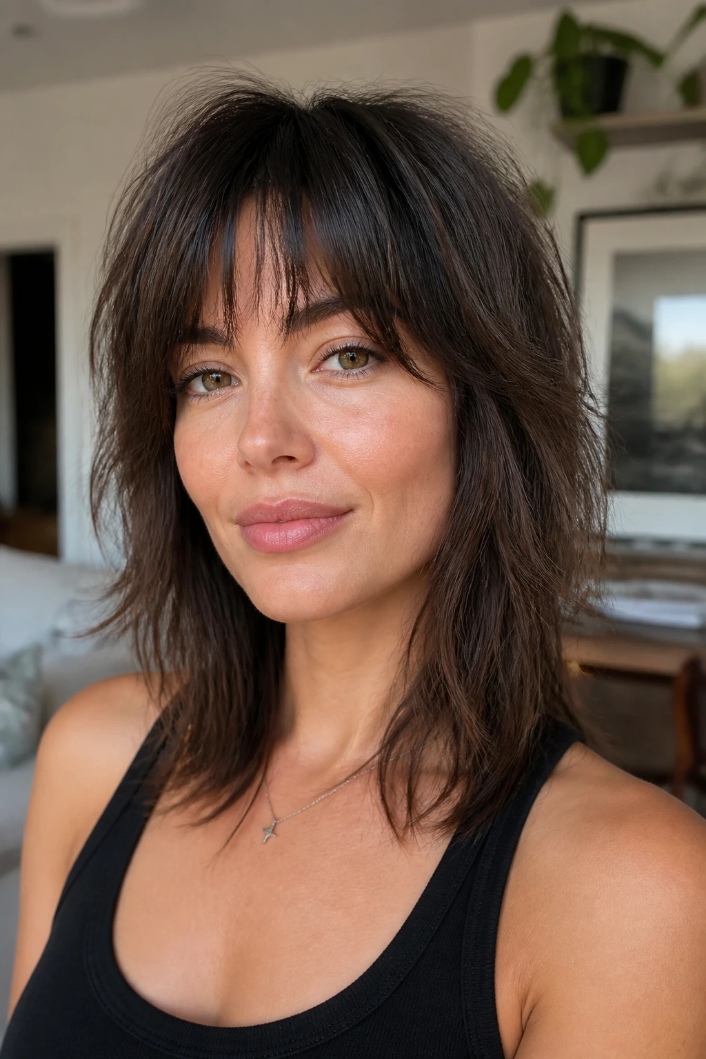 Close-up of a real woman with tapered bangs and air-dry shag in a sunlit home