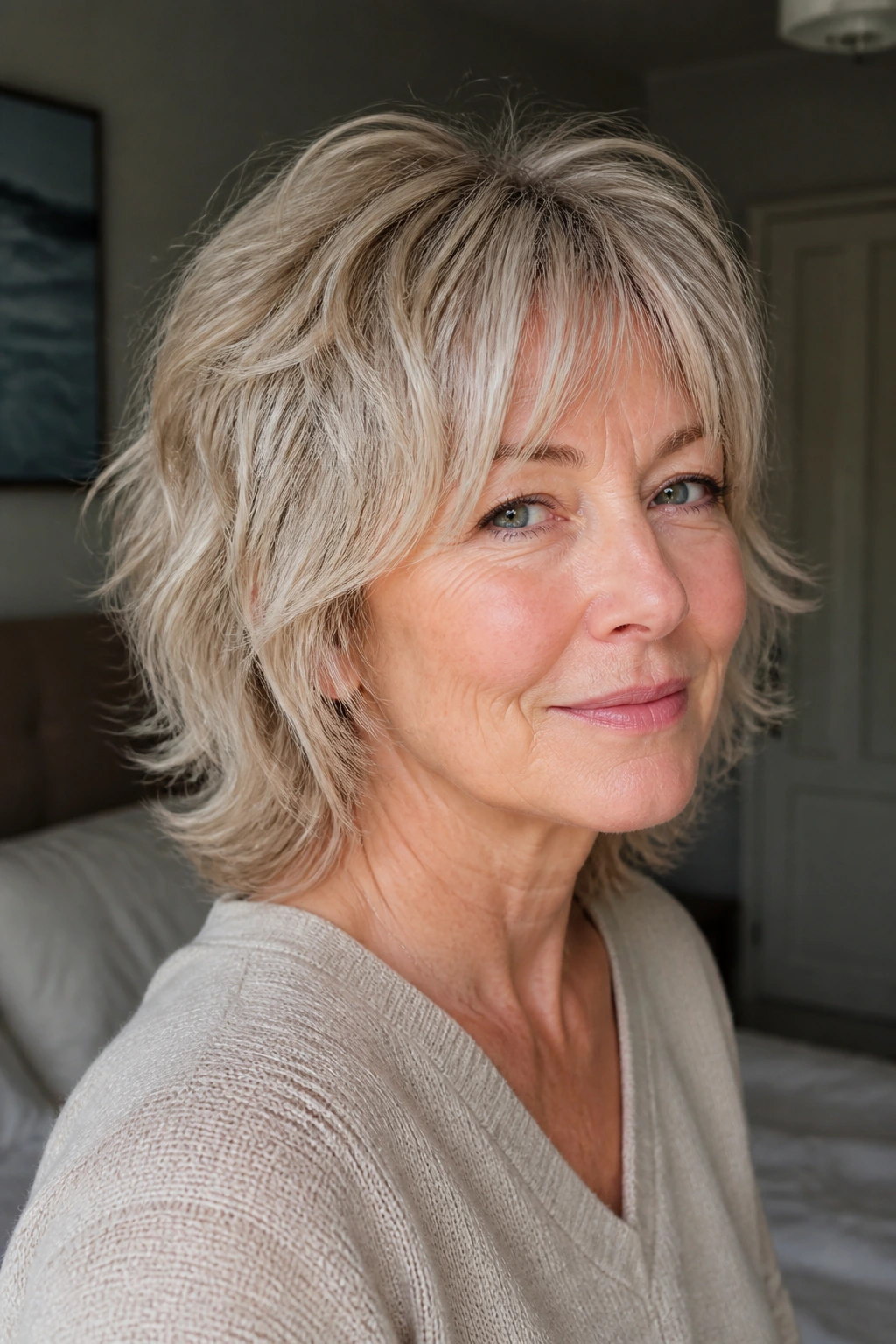 Real woman with low-maintenance air-dry shag in a sunlit bedroom.