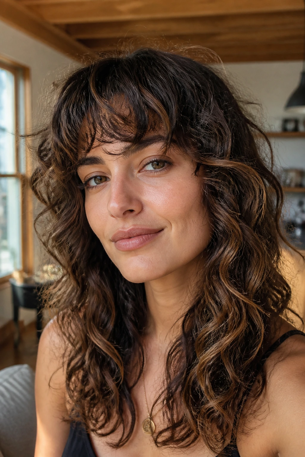 Close-up of a real woman with air-dry shaggy layers and curly bangs in warm window light