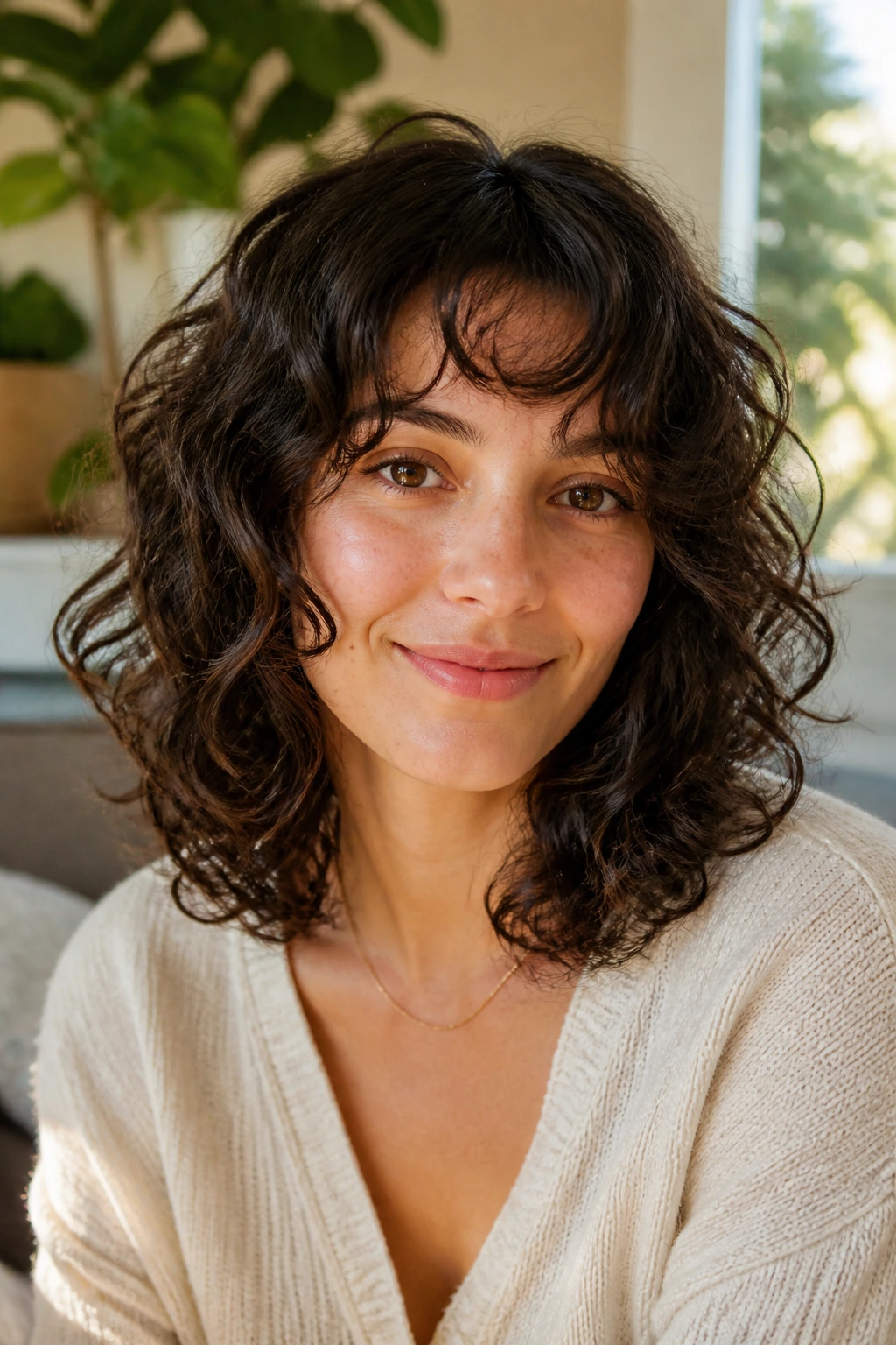 Close-up of a shoulder-length curly cut designed for air-drying