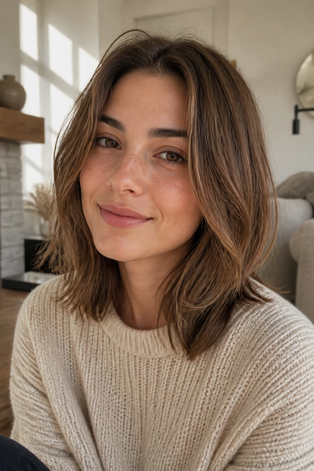 Portrait of a real woman with shoulder-length hair in a low-maintenance air-dry style, showing base length and long face frame