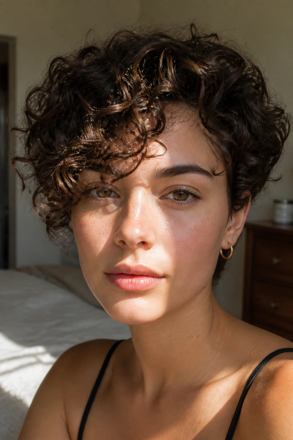 Close-up of a real person with an air-dried spiral sweep across the forehead.