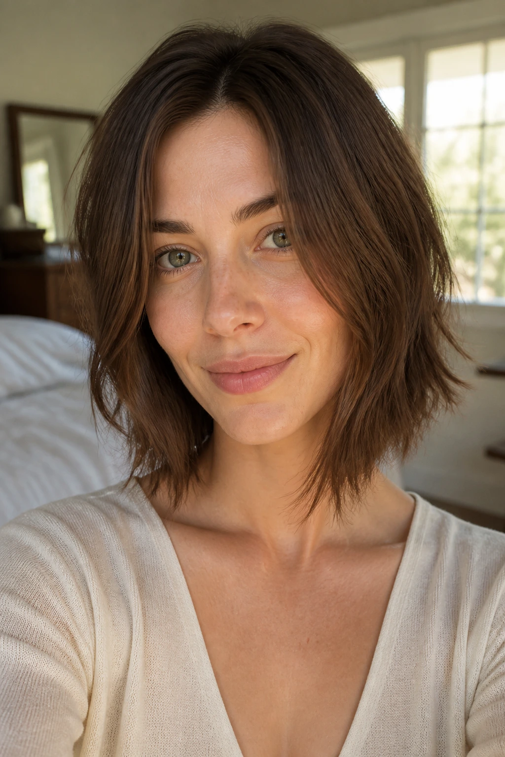 Close-up of a real woman with an air-dry texture bob in sunlit bedroom light