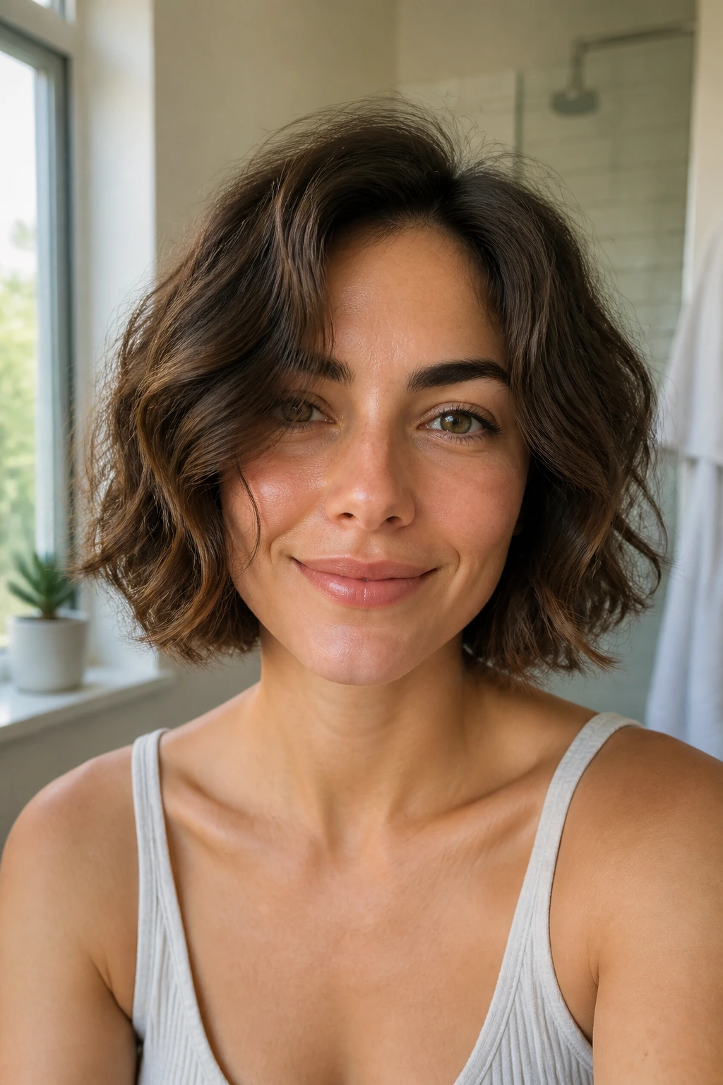 Portrait of a real woman with air-dry texture bob and natural waves