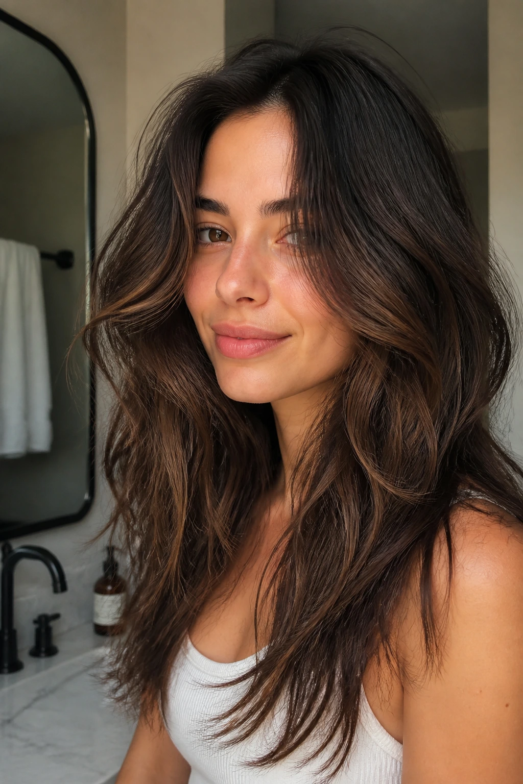 Close-up of real woman showing air-dry texture layers in natural light