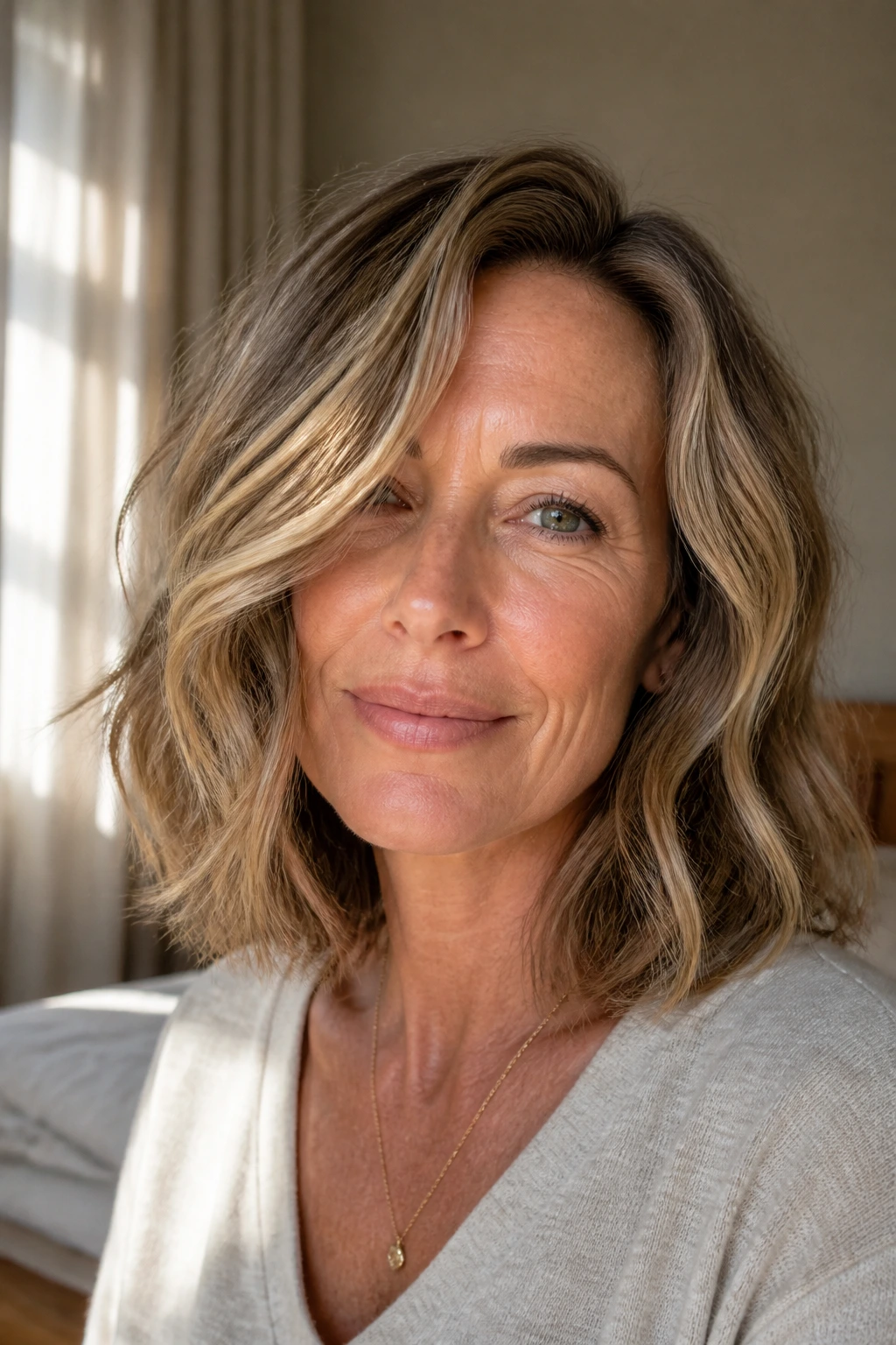 Close-up of a real woman with an airy, wavy lob in natural bedroom light.