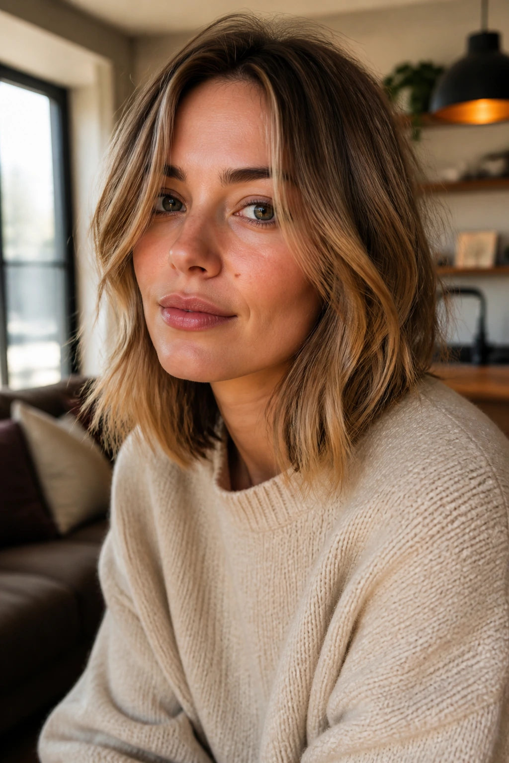 Close-up portrait of a real woman with natural waves in a cozy living room