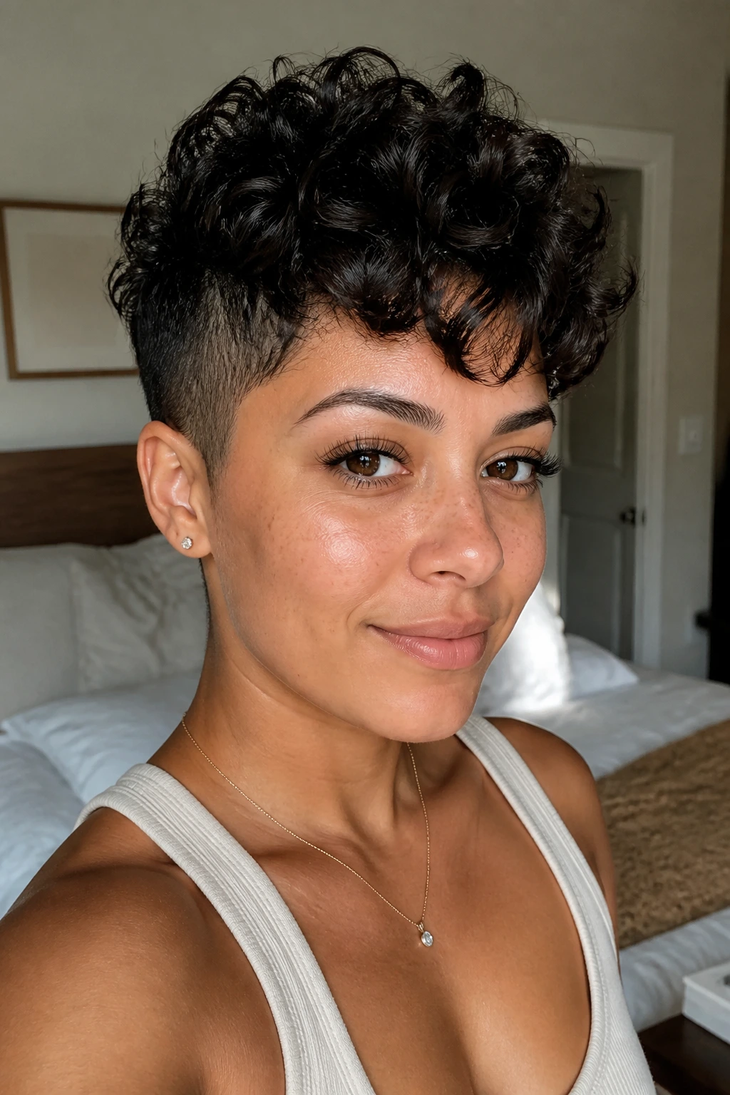 Close-up of a real woman with air-dry wash-and-go pixie and natural curls