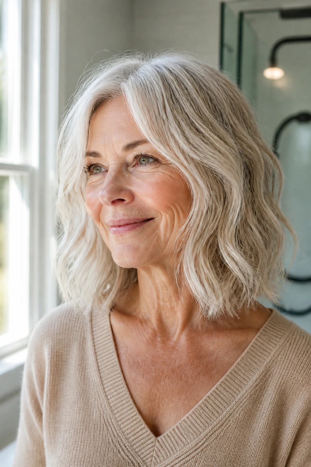 Older woman with air-dried waves and blunt perimeter in bright bathroom light