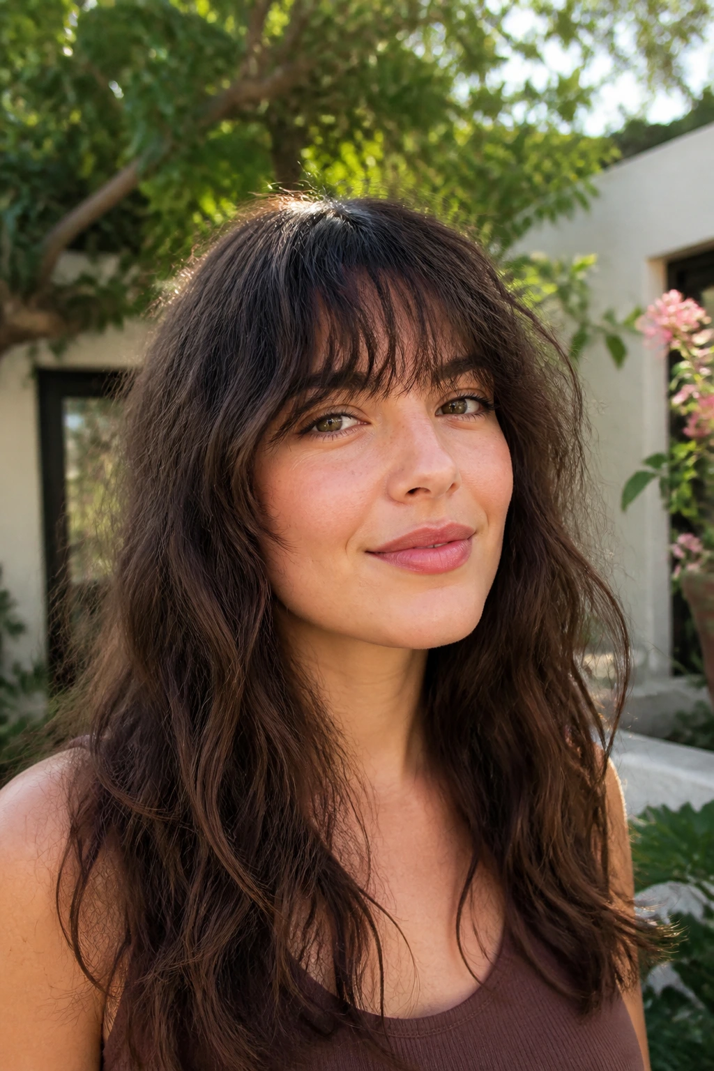 Real person with natural air-dry wave fringe, relaxed look