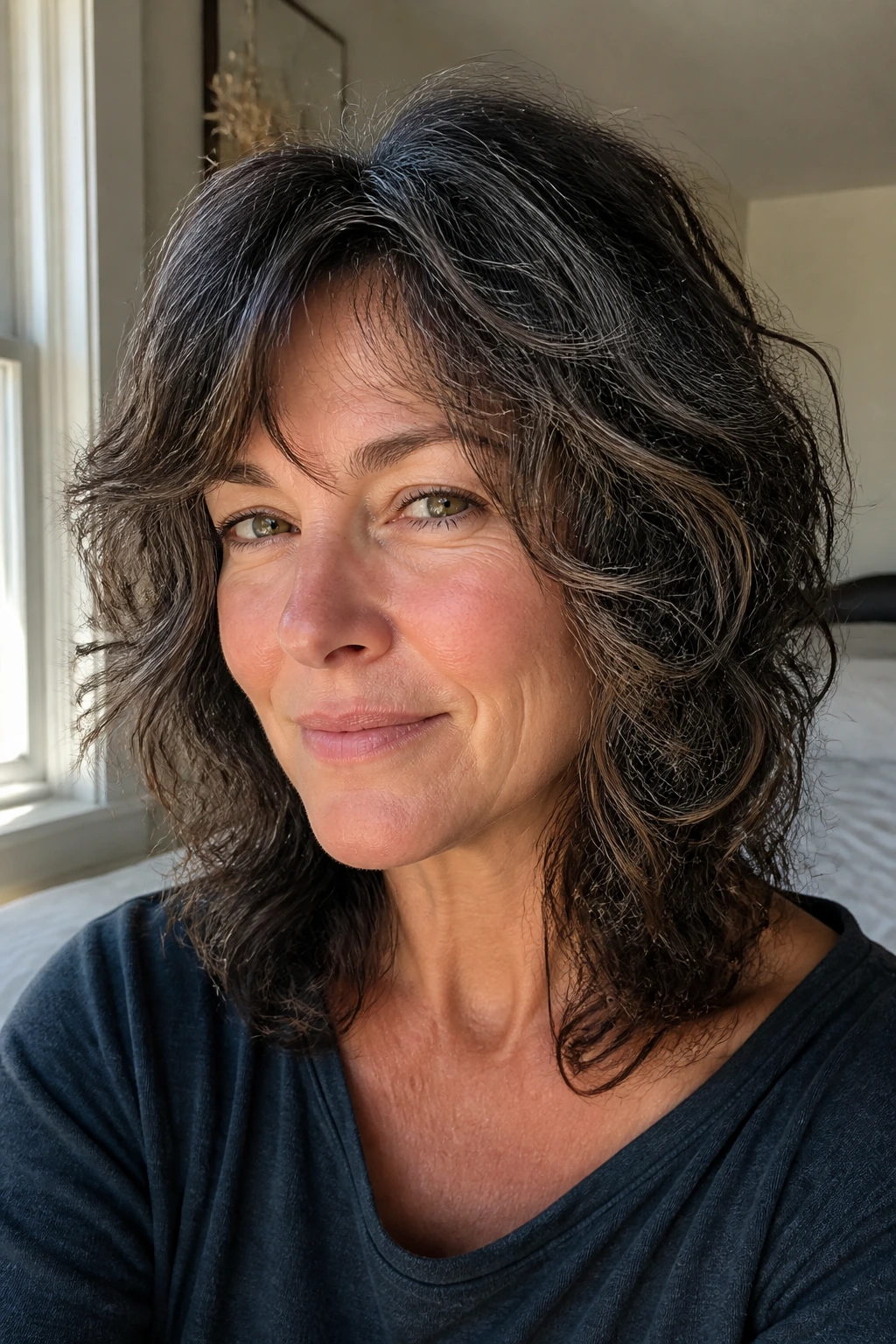Close-up of a real woman with thick wavy hair styled as air-dry wave shag.