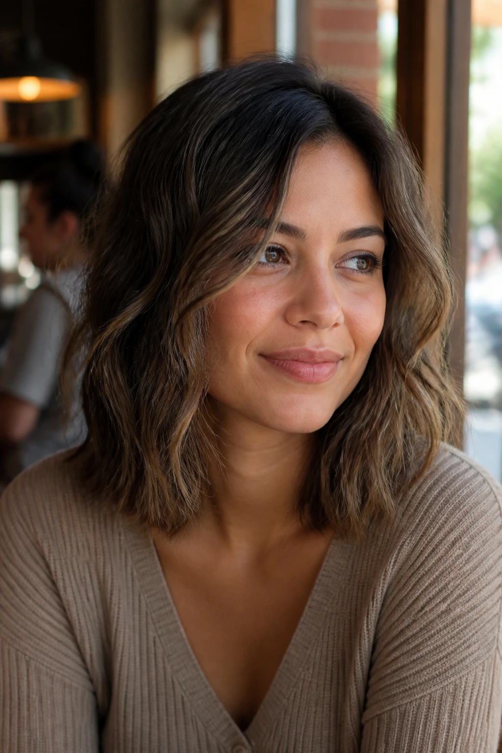Portrait of a woman with air-dried wavy lob showing natural texture and side part