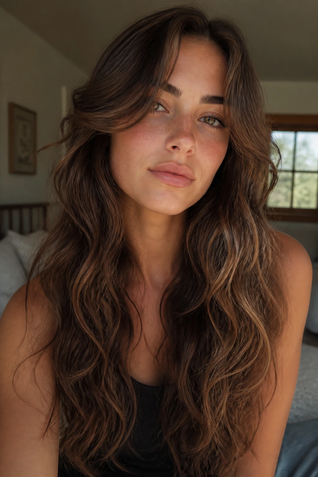 Close-up portrait of a person with long, wavy hair styled for air-drying and low maintenance