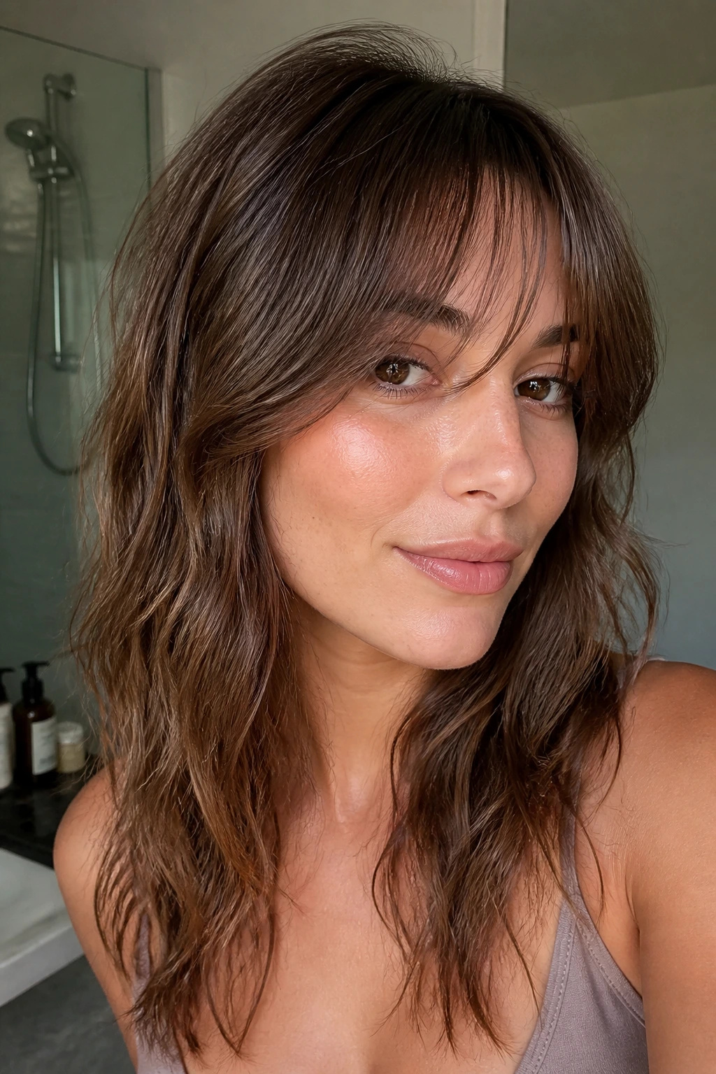 Close-up portrait of a real woman with air-dried waves and wispy fringe in natural light