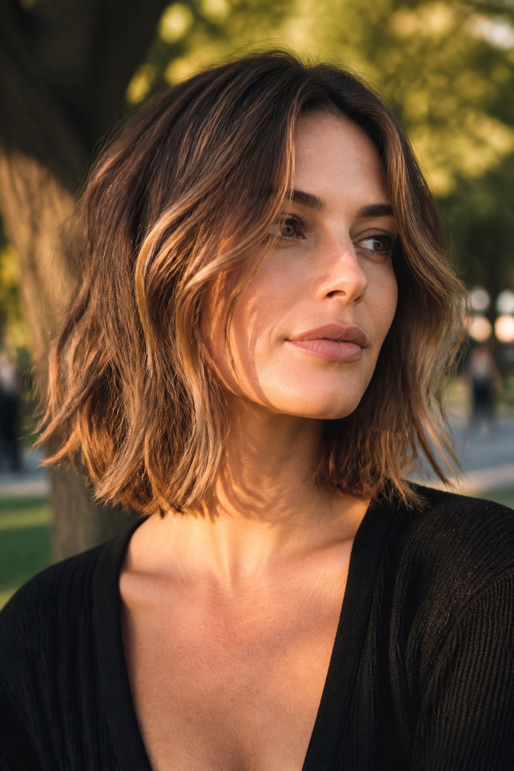 Close-up of a real woman with an air-dry wavy lob in golden hour light