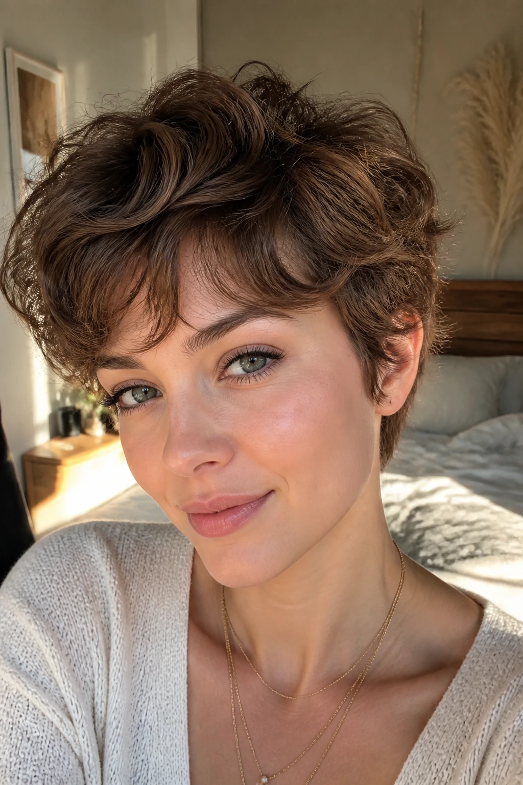 Close-up portrait of a real woman with an air-dry wavy pixie, natural waves and soft crown layering
