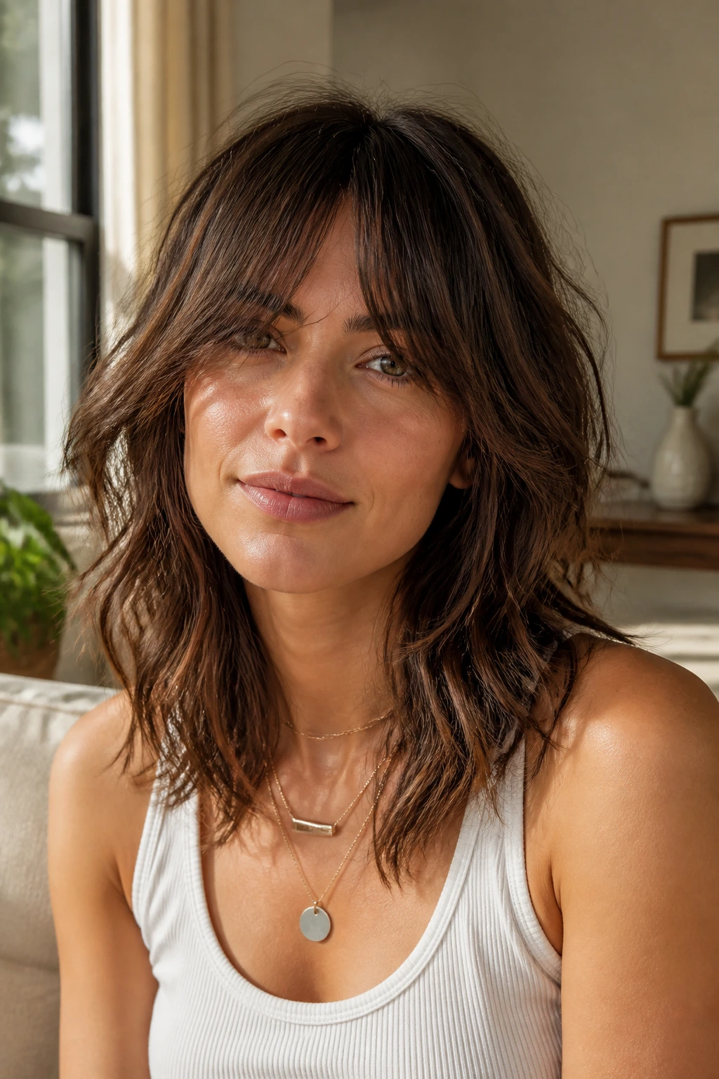 Close-up portrait of a real woman with Air-Dry Whisper Shag and natural split fringe