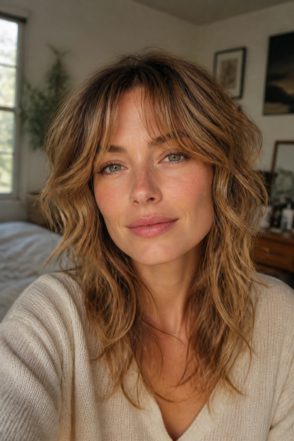 Close-up portrait of a real woman with an air-dry wolf cut for fine waves, natural window light