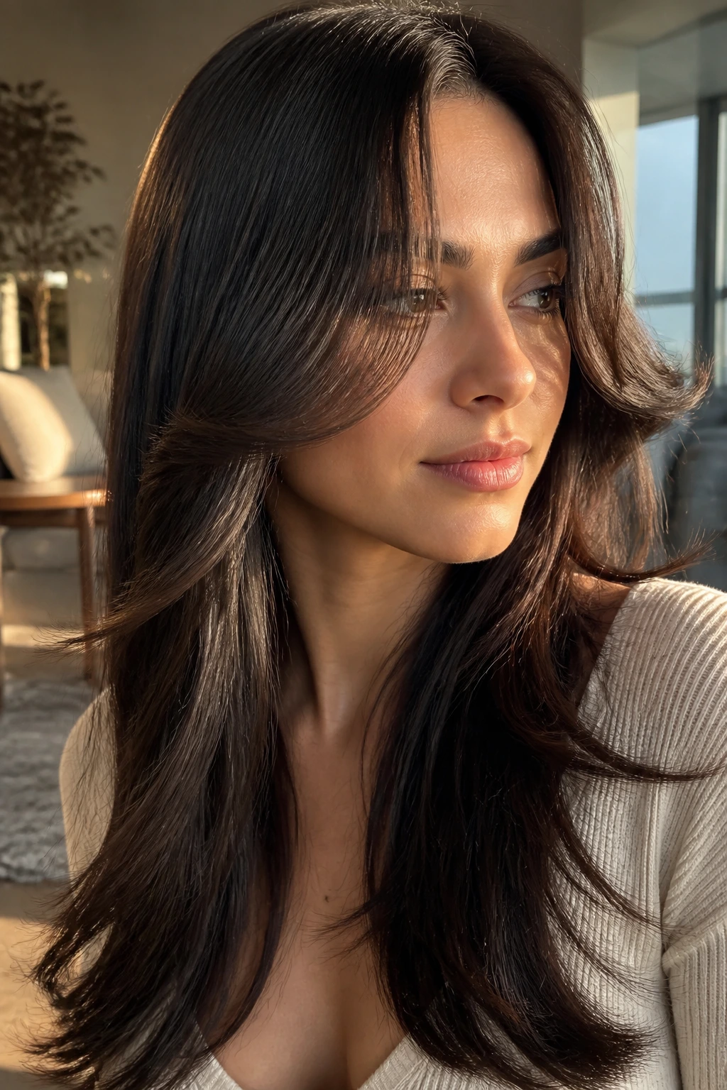 Close-up portrait of a real woman with front layers forming an air S-curve around the face.