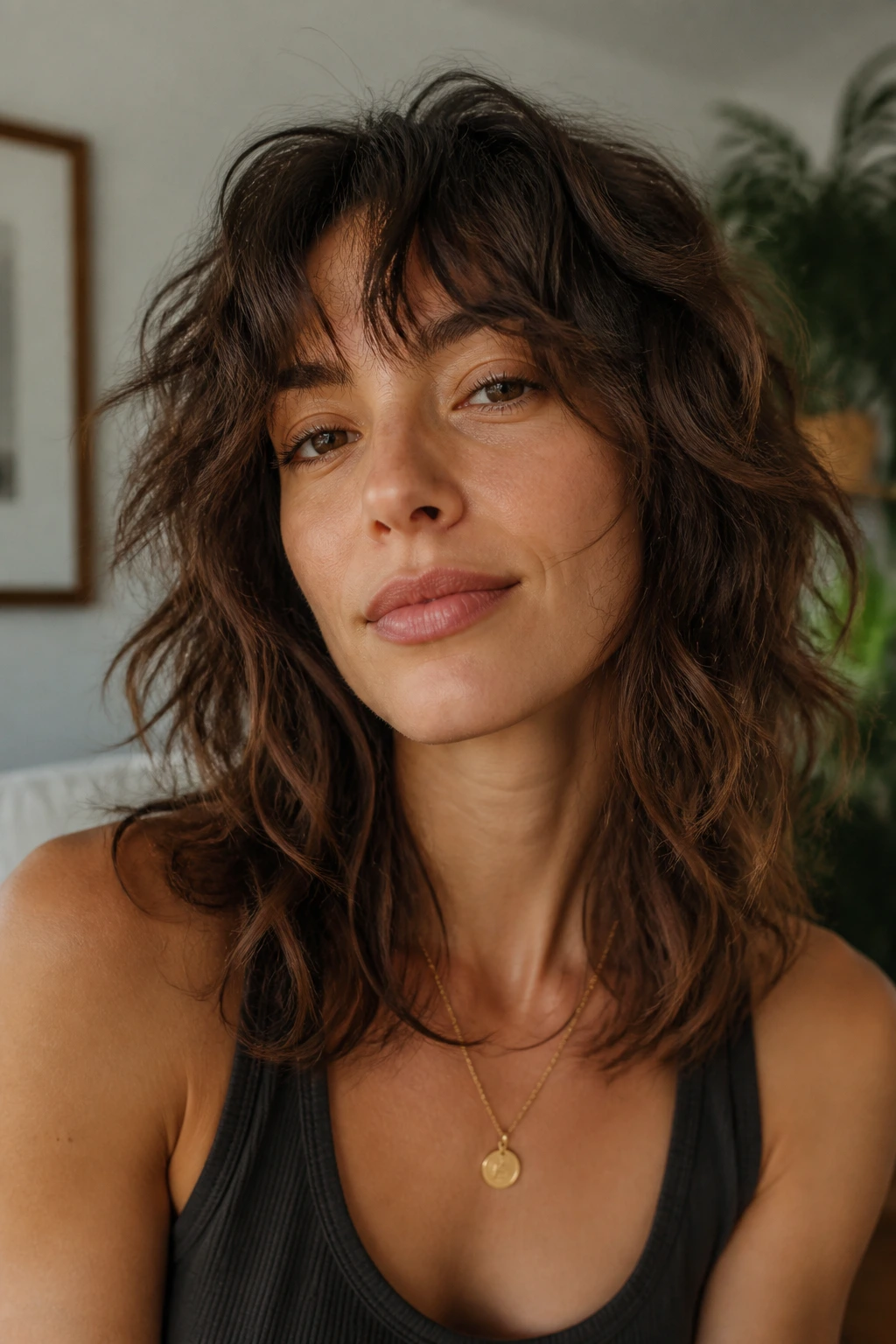Portrait of a woman with an air-dried shag showing layered texture and natural waves.