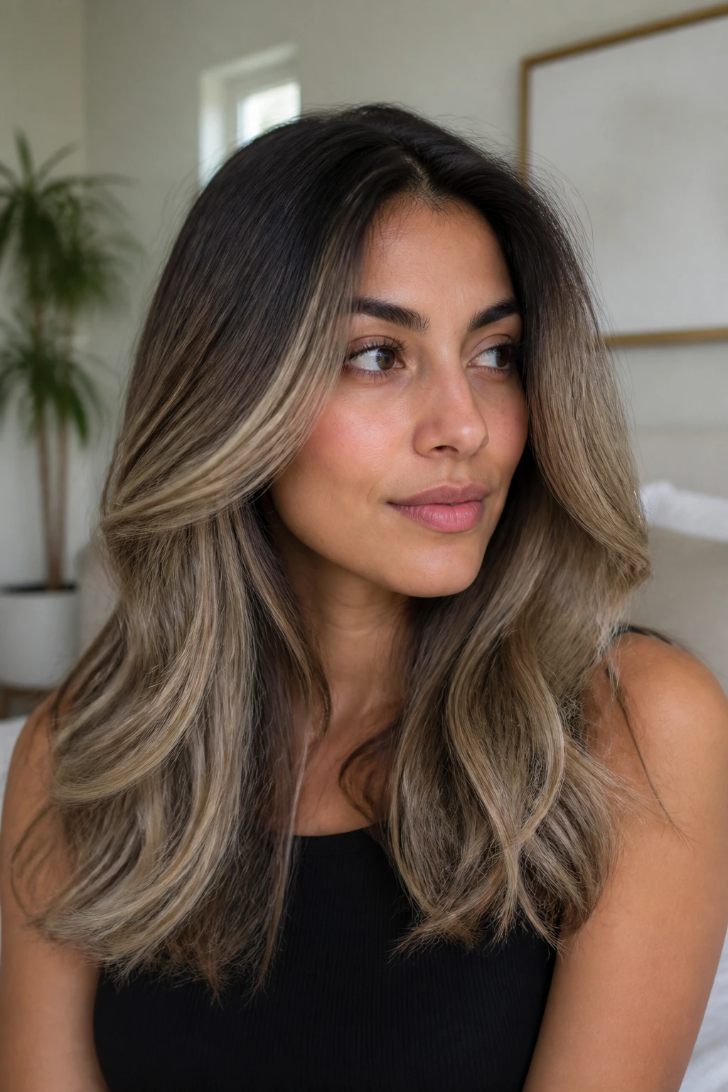 Close-up of olive-skinned person with beige melt balayage transitioning softly.