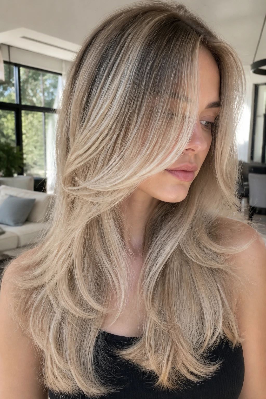 Close-up of a real woman with airtouch blonde on long, floaty layers.