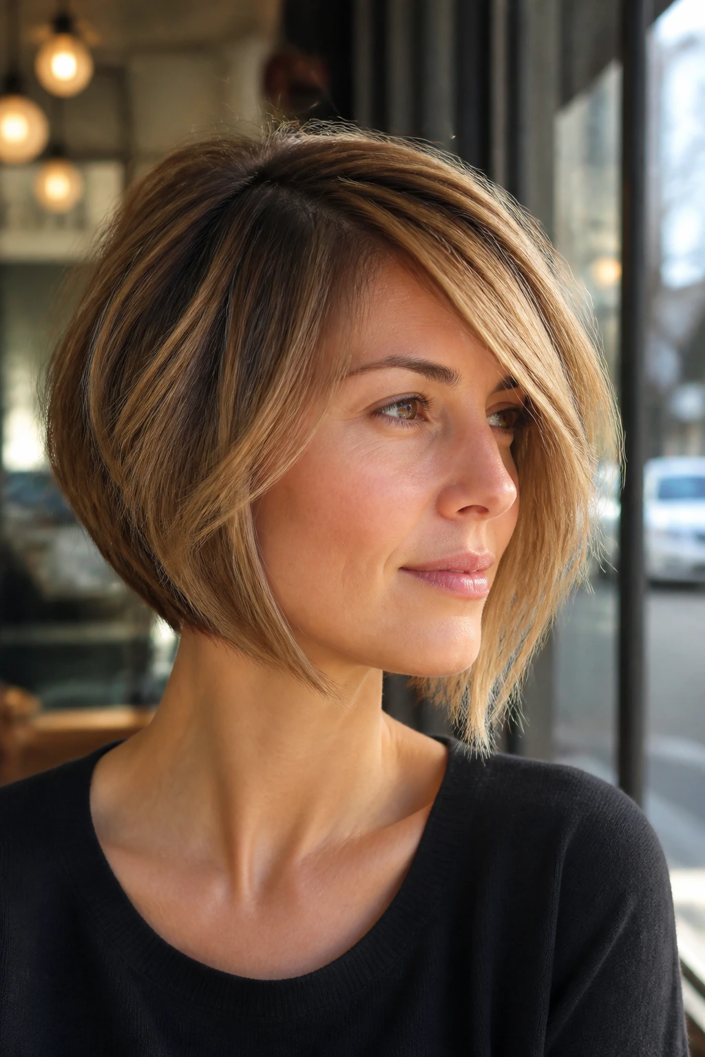 Close-up portrait of a real woman with an airy A-line bob showing diagonal front length
