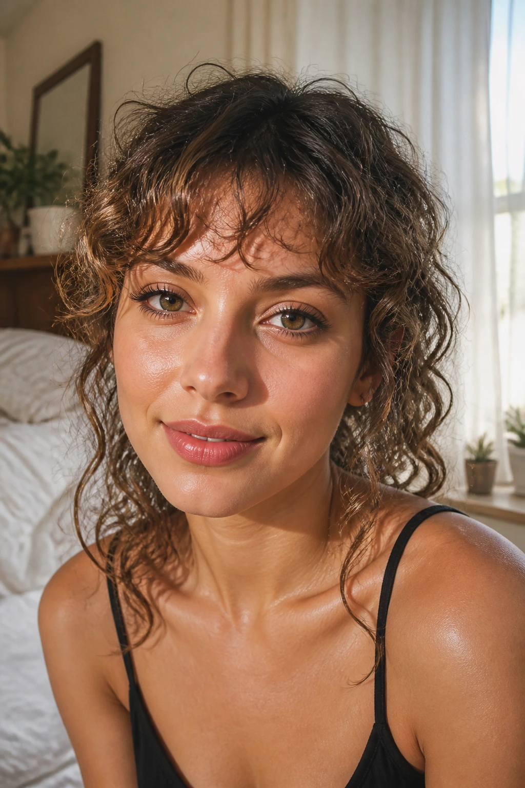 Close-up portrait of a real woman with airy bangs on fine curls in a sunlit bedroom
