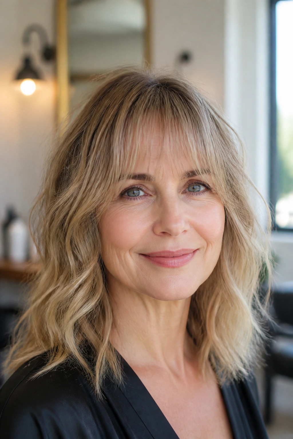Close-up portrait of a woman with airy blended bangs on fine hair in warm window light