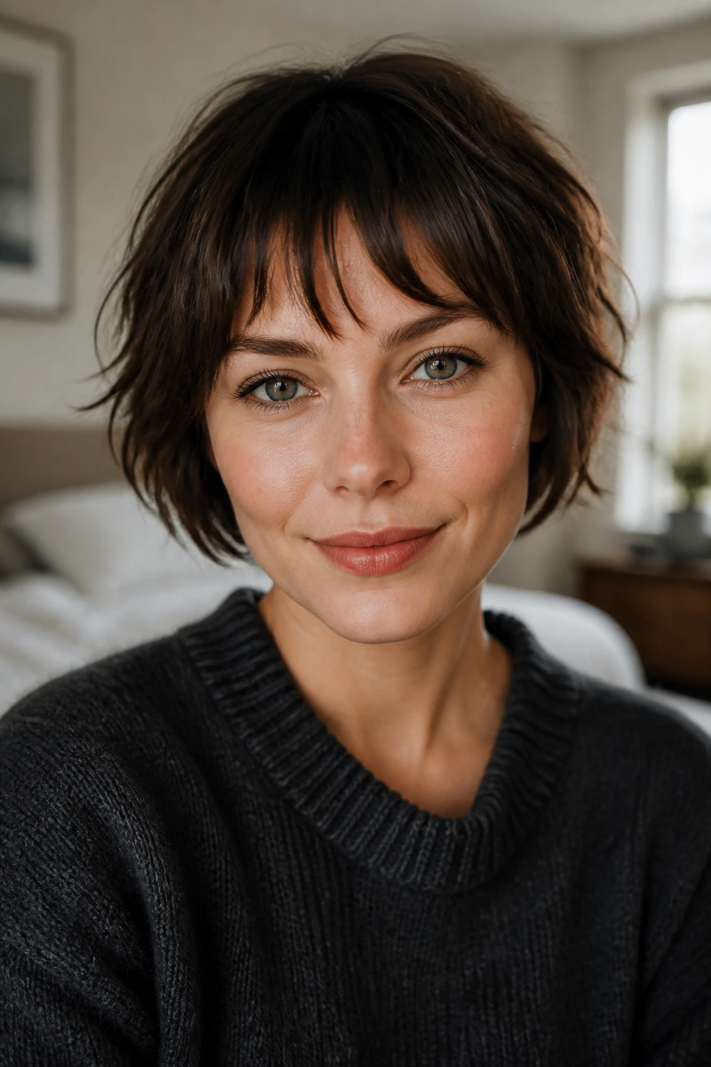 Close-up portrait of a real woman with airy choppy bangs on fine hair in natural window light