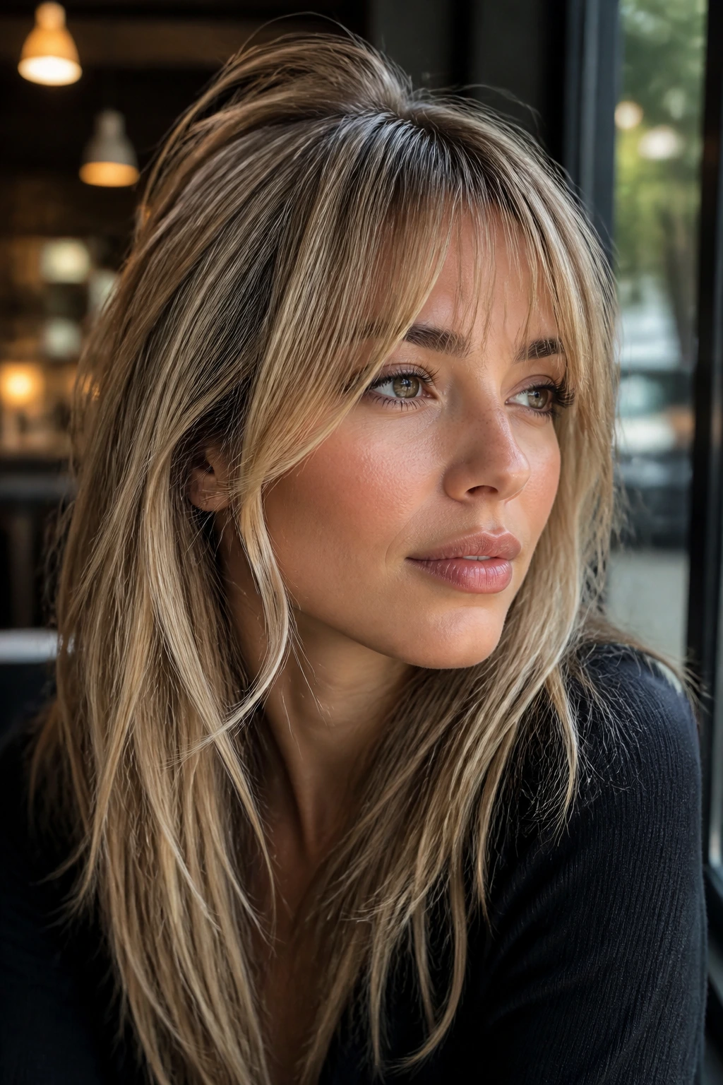 Close-up of a real woman with airy bangs and delicate money piece