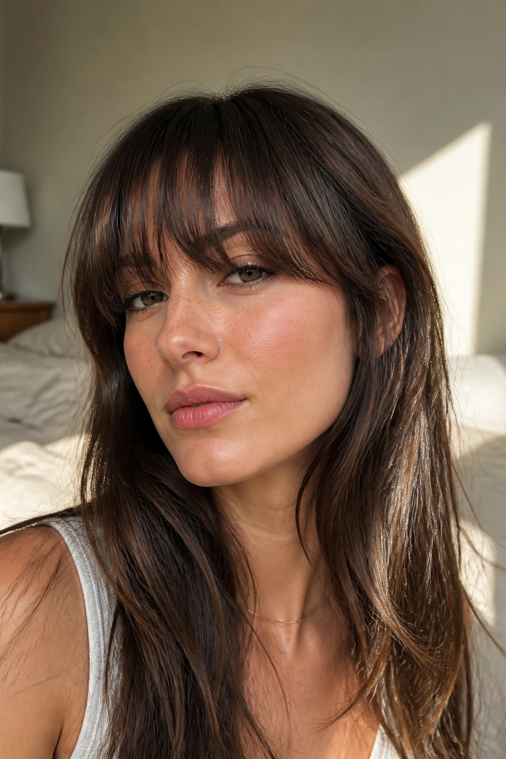 Close-up portrait of a real woman wearing airy full bangs with tapered temples in soft natural light
