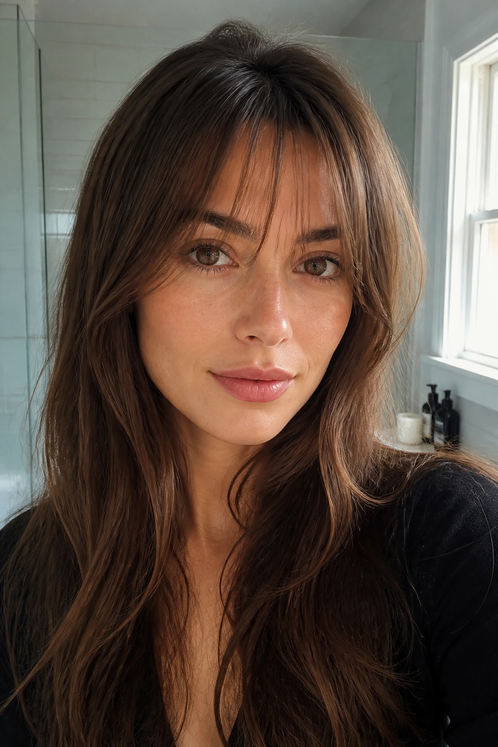 Real woman with airy Birkin bangs skimming the brows and light separation.