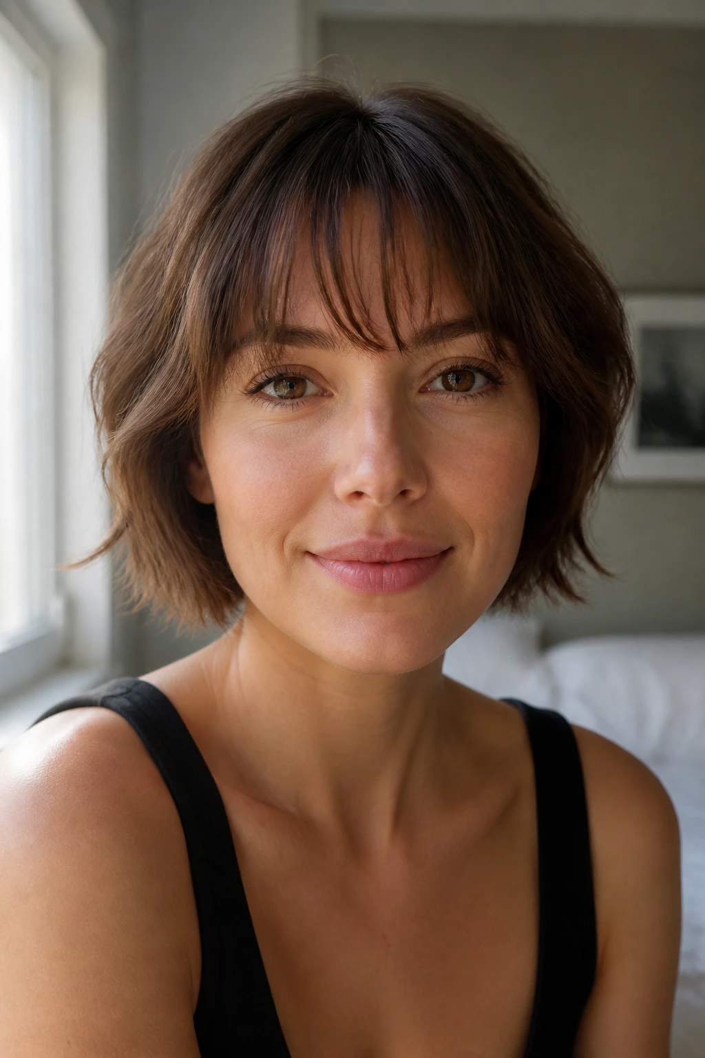 Close-up portrait of a real woman with airy Birkin bangs on a short cut.