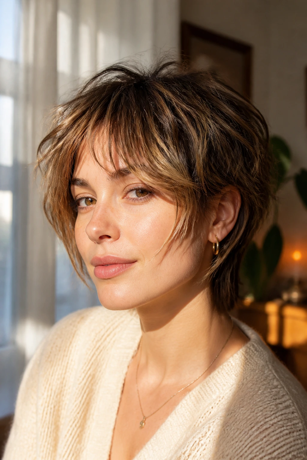 Close-up portrait of a real woman with Airy Bixie Shag and cheek-grazing curtain bangs