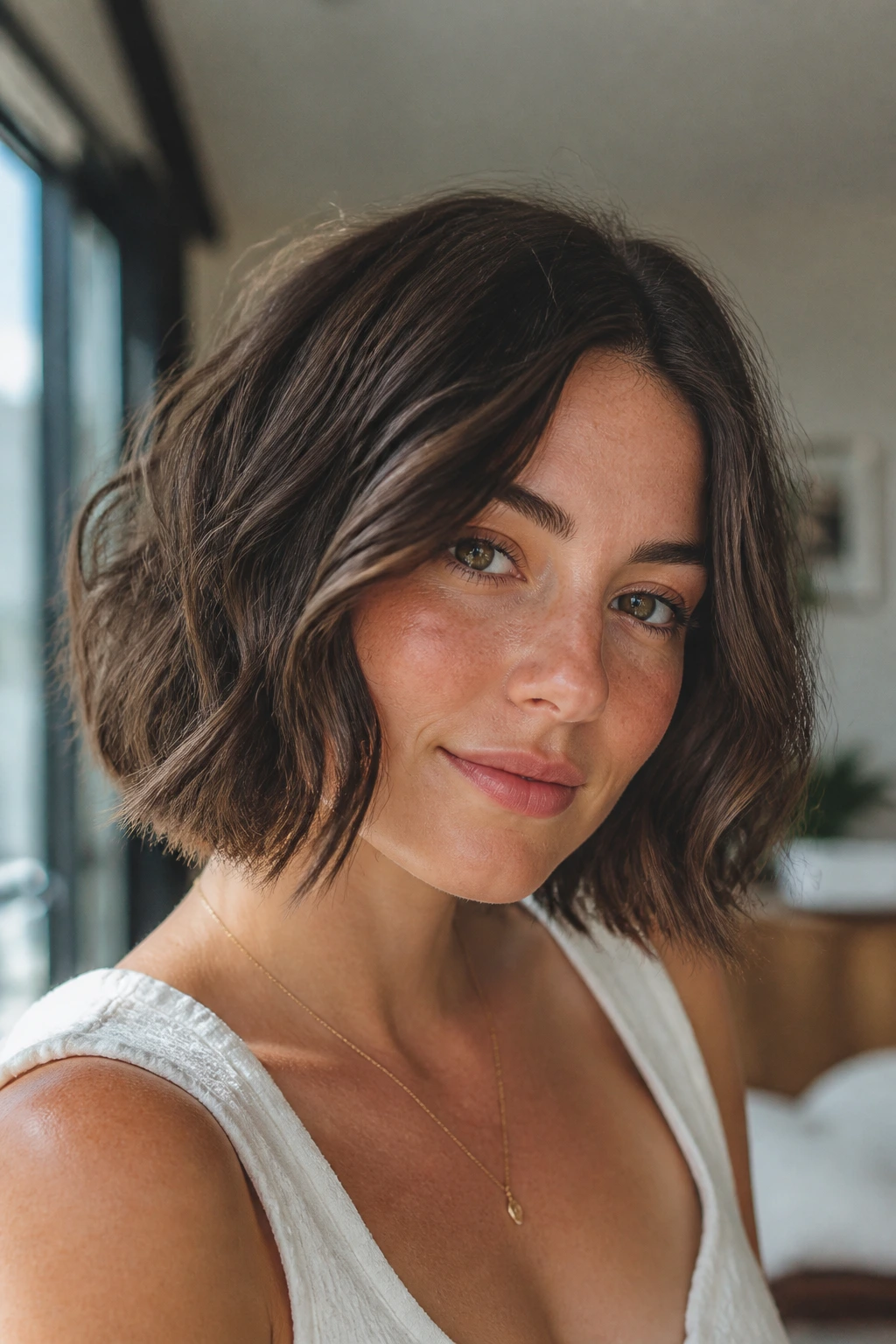 Portrait of a woman with airy blunt bob and texture under ends in natural light