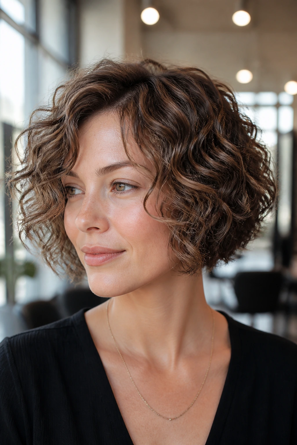 Portrait of a woman with a sculpted airy bob on fine curls in soft daylight