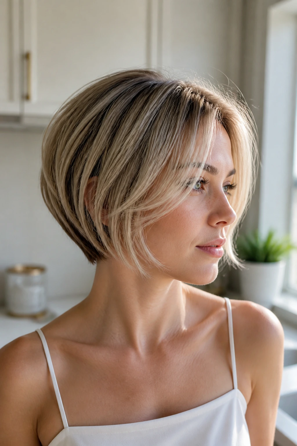 Close-up of a real woman with an airy bob and internal graduation in a bright kitchen nook