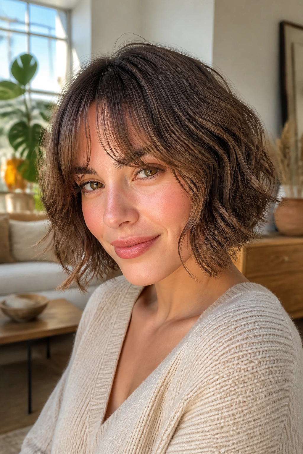Real woman with airy bob and bottleneck bangs in sunlit room