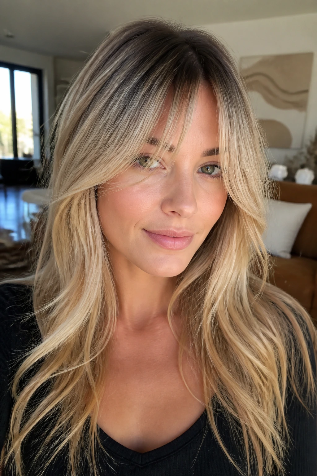 Real woman with airy bottleneck bangs and root melt in natural light