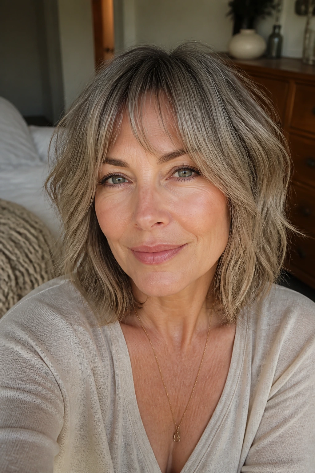 Close-up portrait of a real woman with Airy Bottleneck Bang Shag