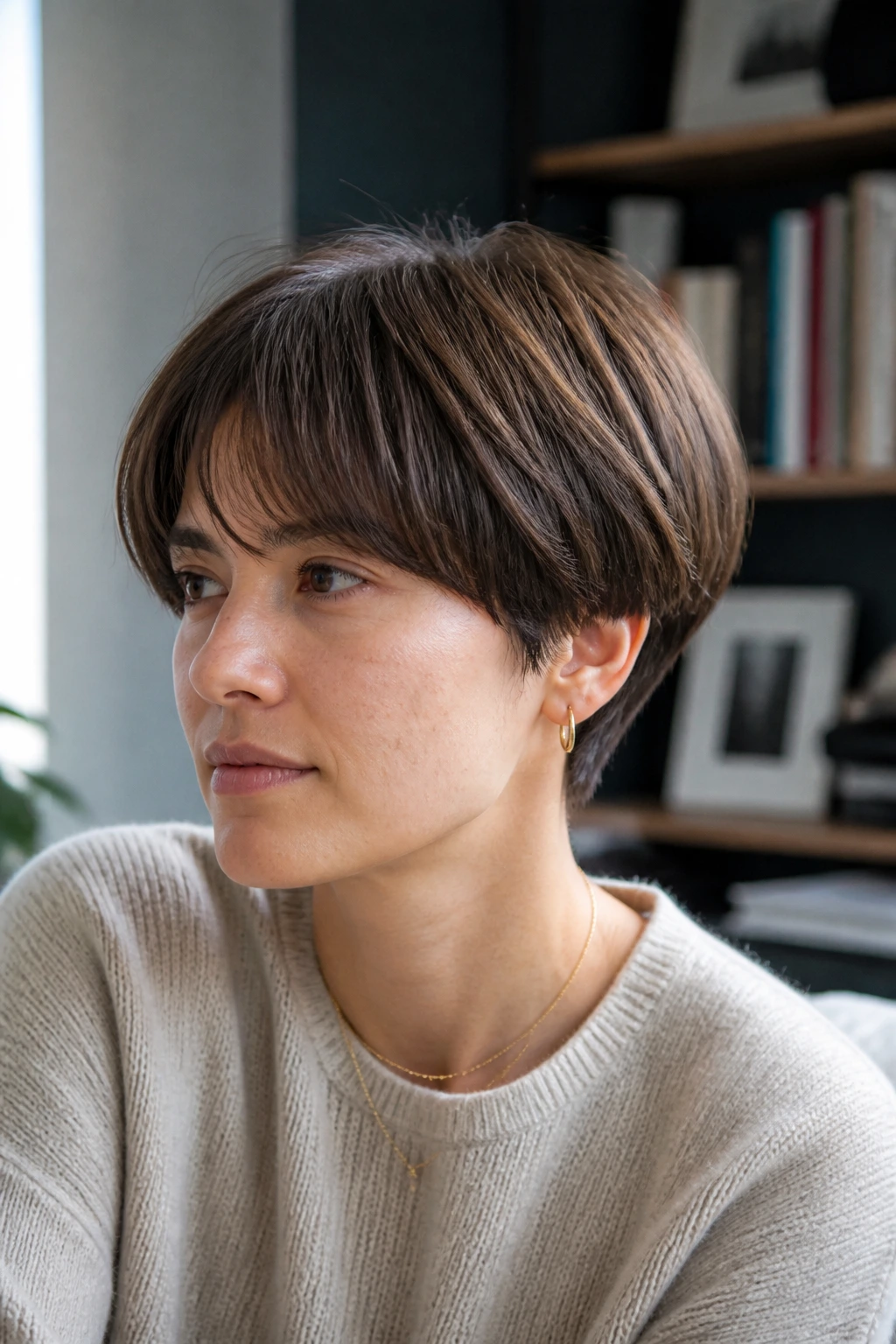 Portrait of a real woman with an airy bowl cut featuring internal layers for lift