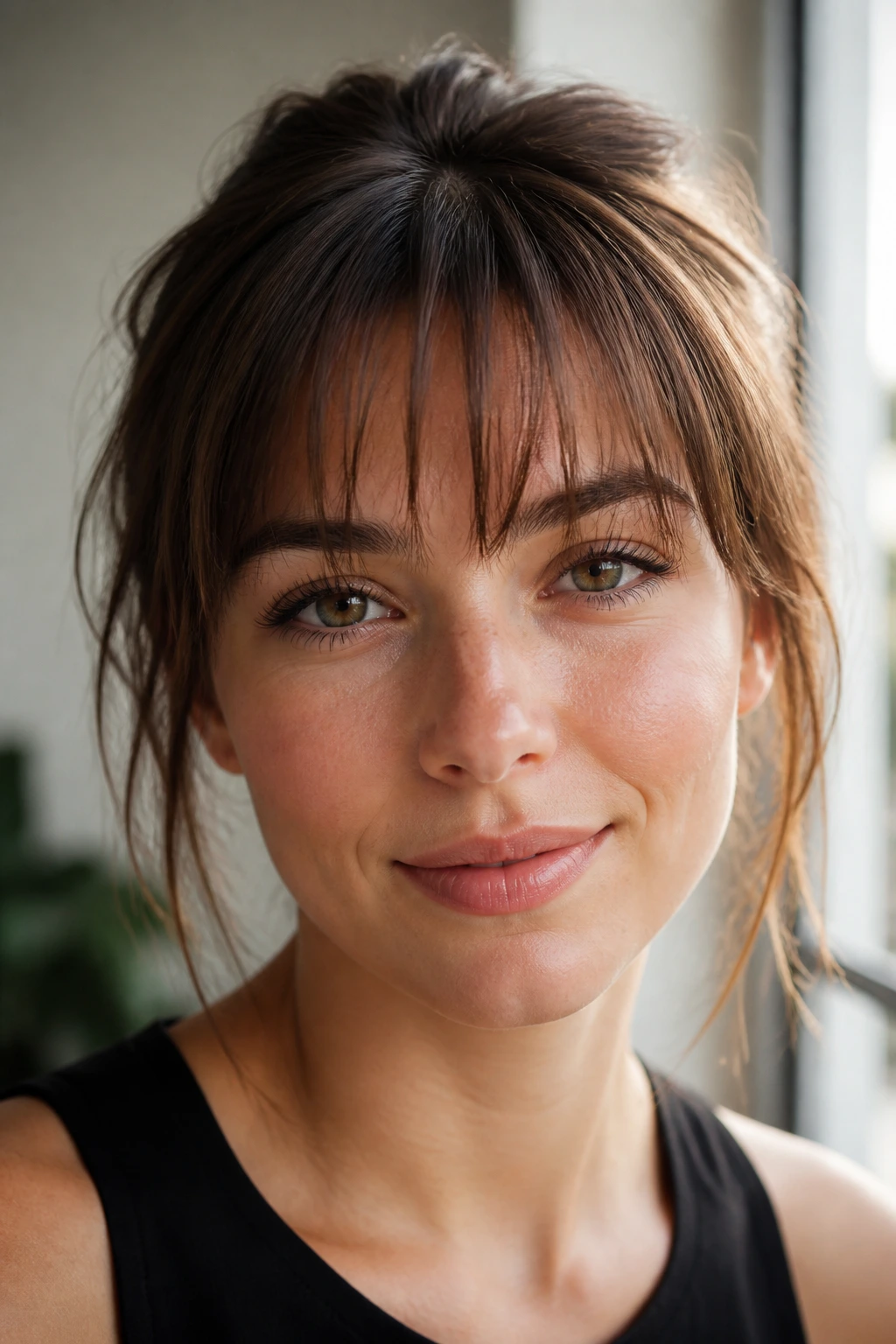 Real woman with brow-skimming airy bangs in natural light
