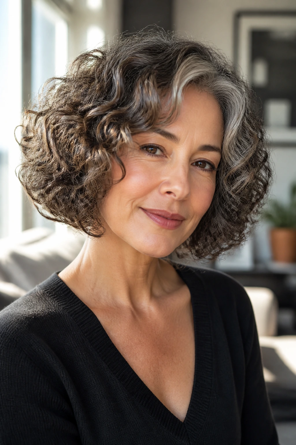 Portrait of a brunette with an airy bob and silver threading in a sunlit room